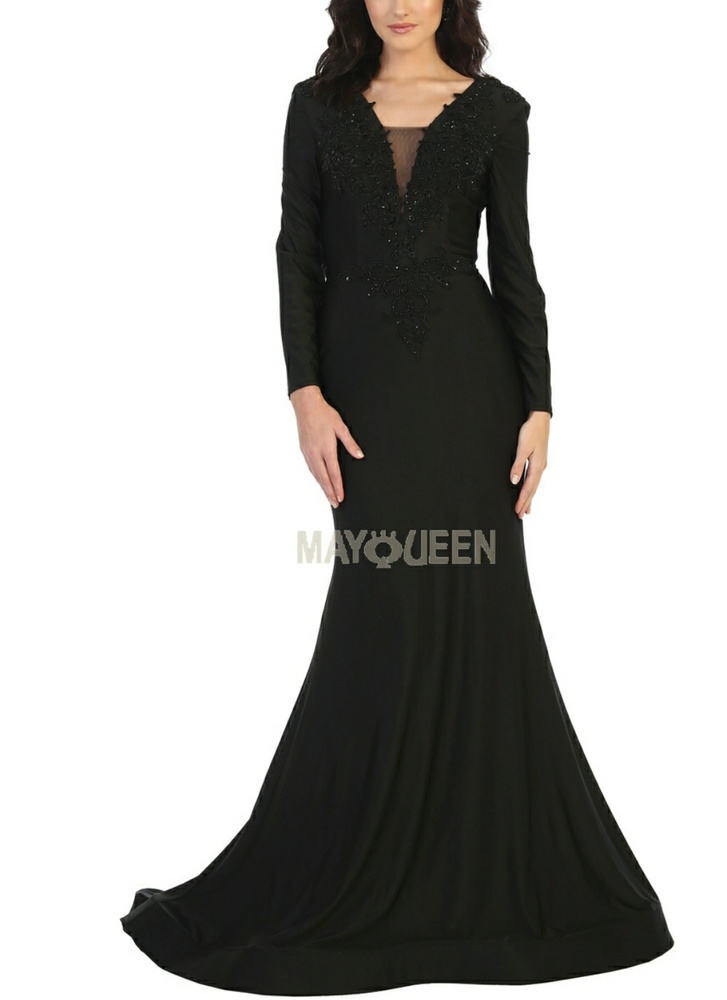 BURGUNDY BLACK OR ROSE Green, LONG SLEEVE FORMAL GOWN - Picture 4 of 10